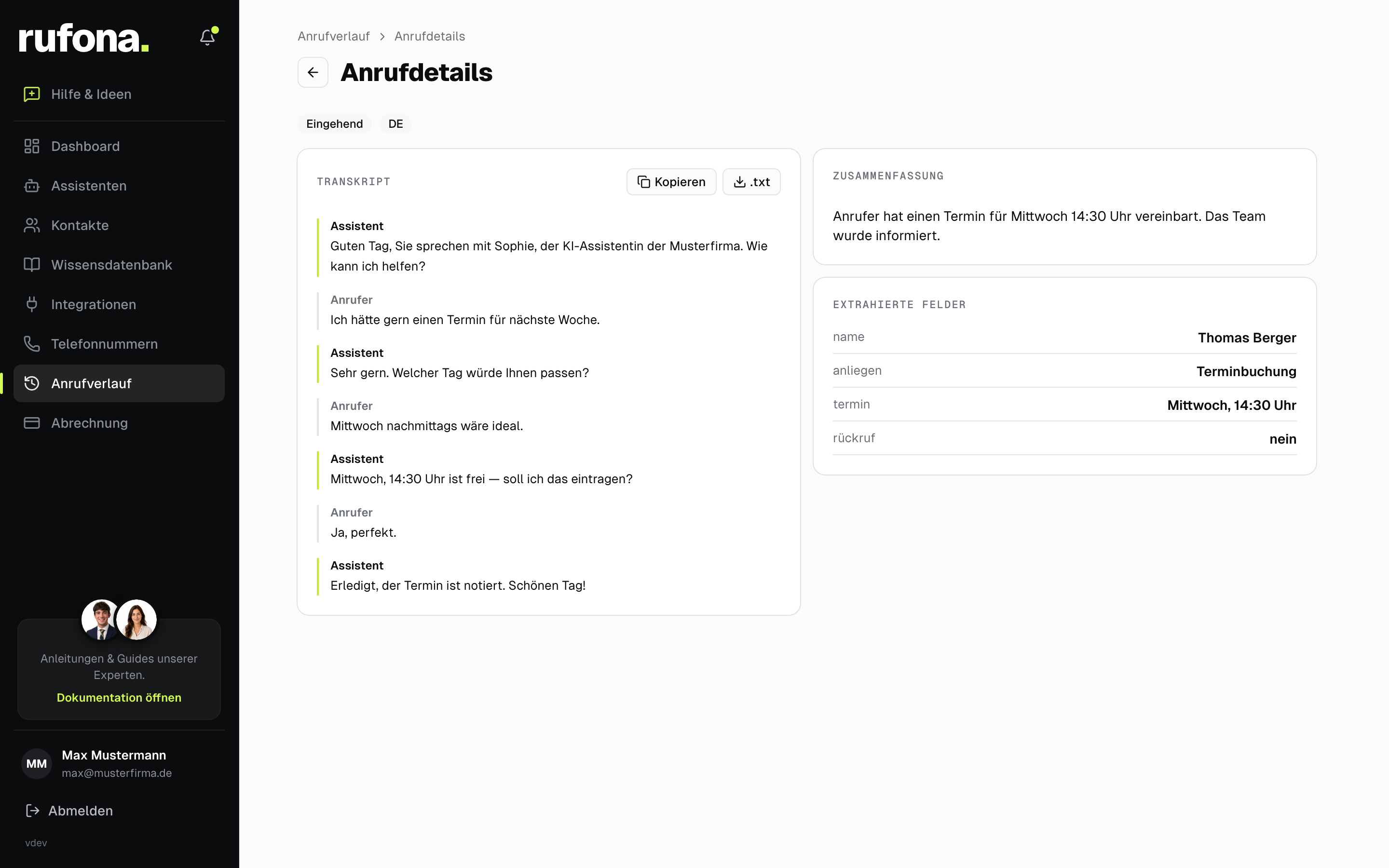 Rufona-Dashboard: Anrufdetails mit Transkript, Zusammenfassung und extrahierten Feldern wie Name und Terminwunsch