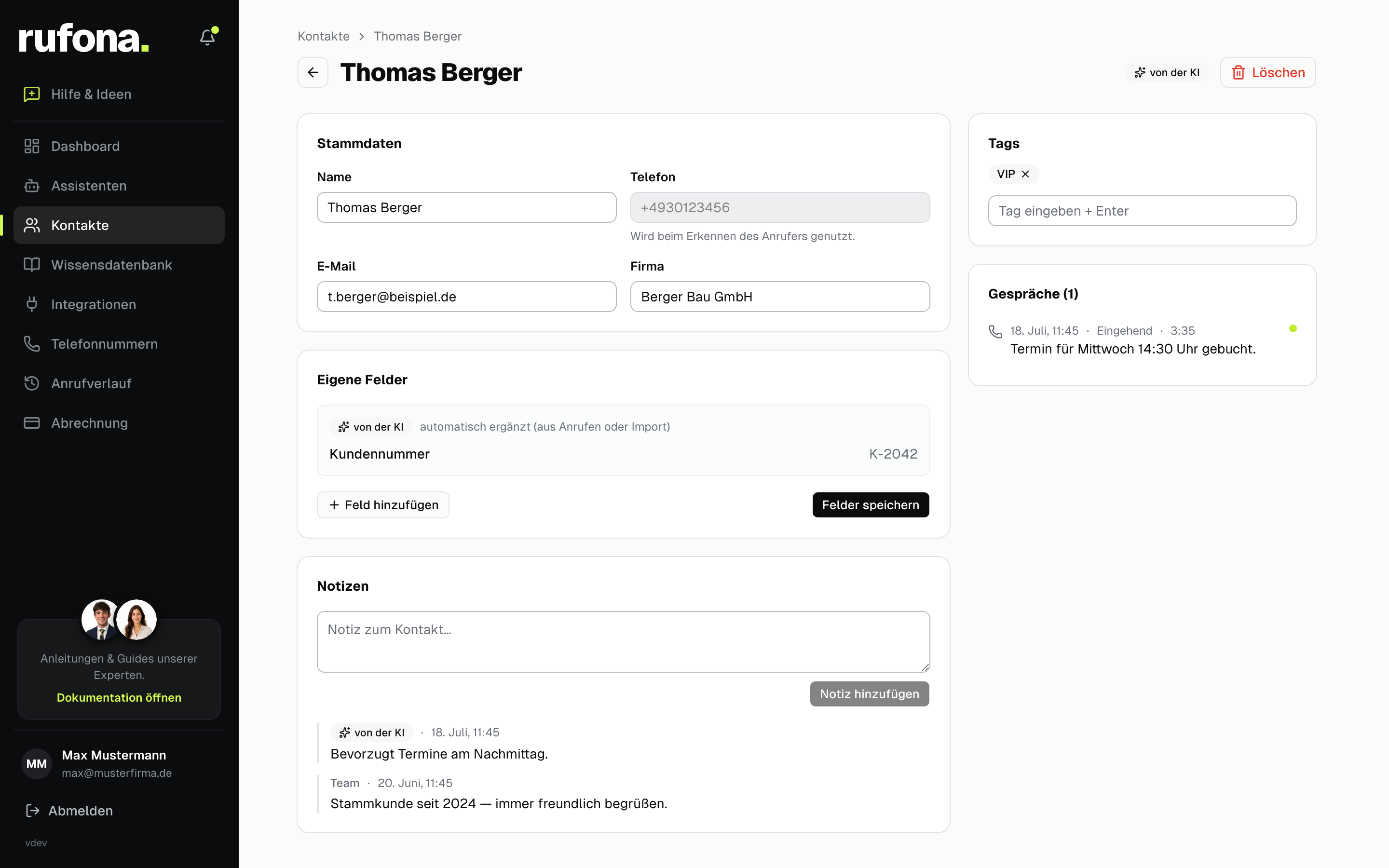 Rufona-Dashboard: Kontakt-Detail mit Stammdaten, von der KI ergänzten Feldern, Tags, Notizen und Gesprächsverlauf
